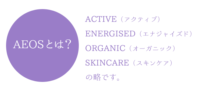 AEOSとは？　ACTIVE（アクティブ） ENERGISED（エナジャイズド） ORGANIC（オーガニック） SKINCARE（スキンケア）の略です。